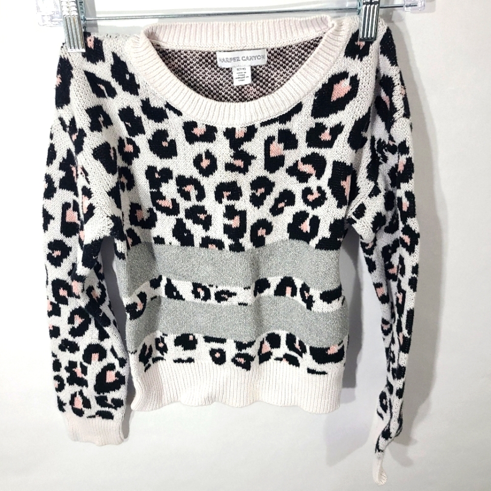 Harper Canyon Kids Girls Size 7/8 Animal Print Sweater‎ Black Pink Crew Neck